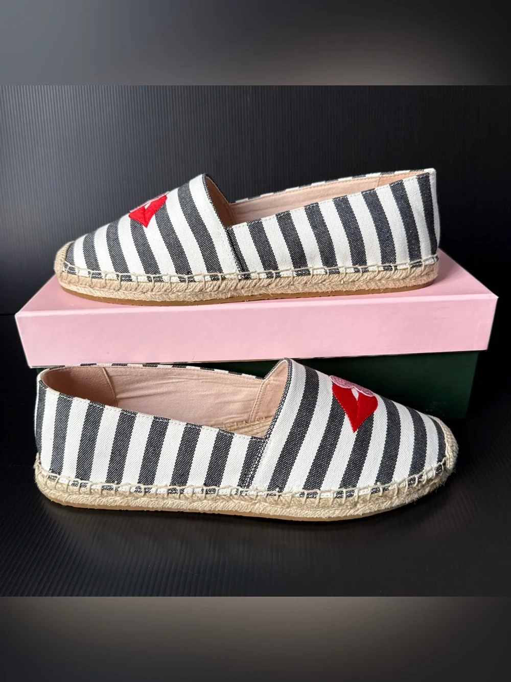 NIB Kate Spade Black White Gimlet Heart Lips Espadrille Shoes Women’s Size 9.5